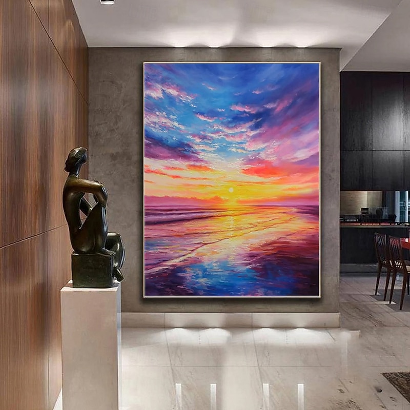 Handmade Oil Painting Canvas Wall Art Decoration Colorful Sunrise Sea Ocean Landscape for Home Decor Stretched Frame Hanging Painting/Rolled Frameless Unstretched Painting4