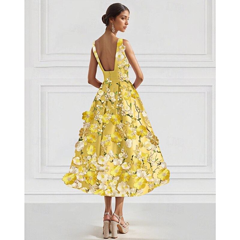 A-Line Floral Cocktail Elegant Dress Formal Gown Wedding Guest Ankle Length Sleeveless Crew Neck Satin with Embroidered Pocket4
