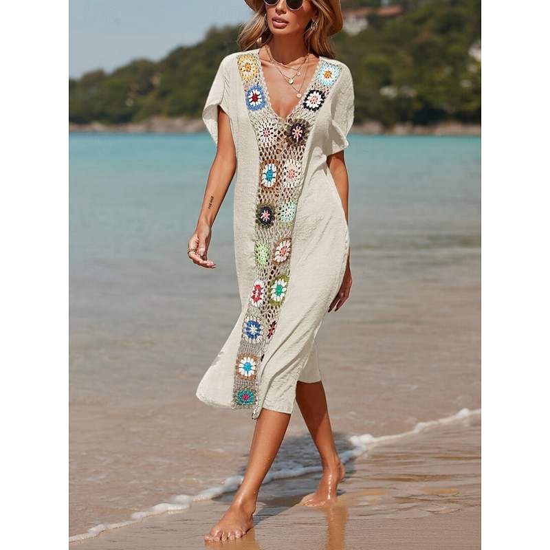 Women's Swimsuits Cover Up Swim Dress Swimsuit Patchwork Vacation Beach Wear Solid Color V Neck Short Sleeves Bathing Suits4