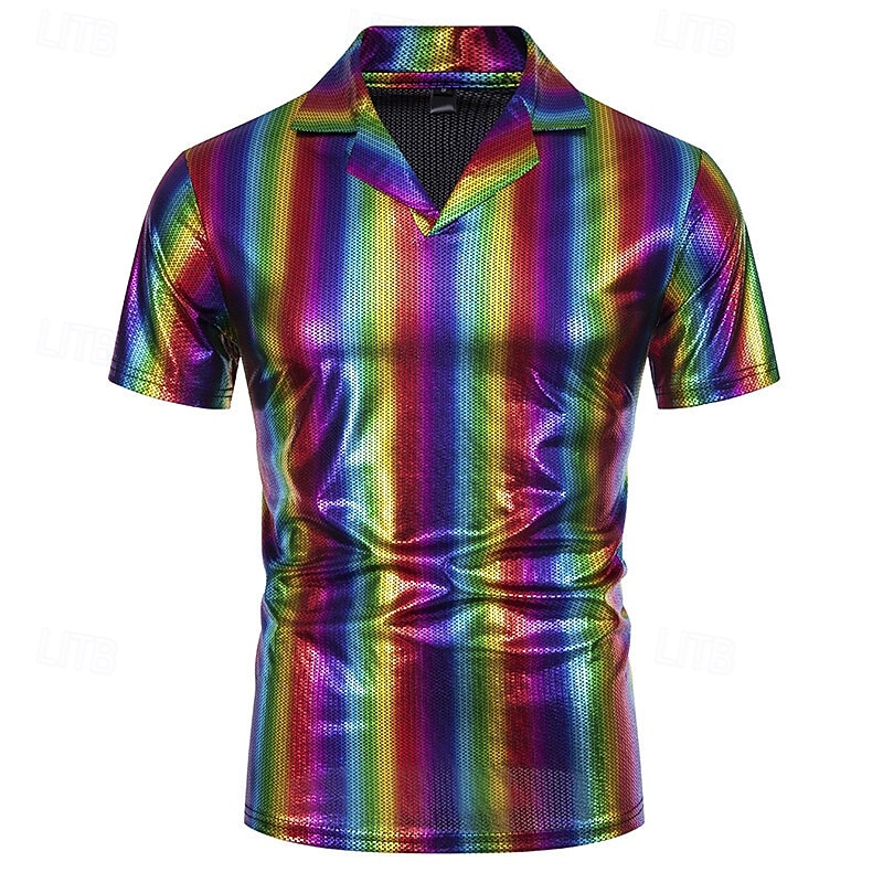 Retro Vintage 1980s T-shirt Polo Shirt Disco Shiny Latex Patent Metallic Rainbow Fancy Dress Men's Halloween Carnival Pride Parade Pride Month Adults T-shirt Summer