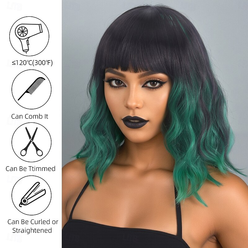 Synthetic Wig Deep Wave Curly Weave Asymmetrical Neat Bang Machine Made Wig 12 inch A1 Synthetic Hair Women's Elastic Classic Color Gradient Green3