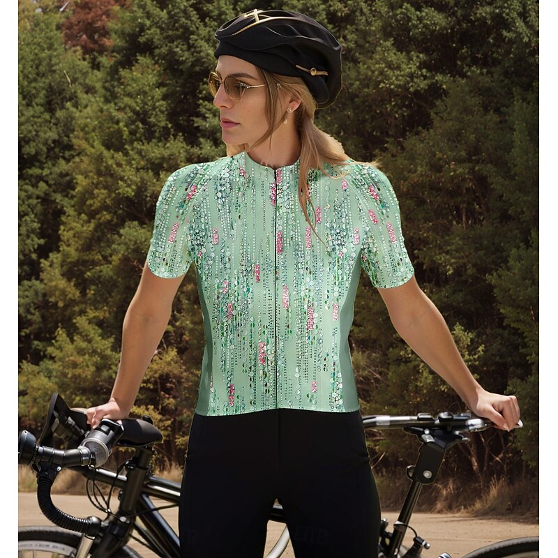 Women's Cycling Jersey Graphic Color Block Lines / Waves Short Sleeve Bike Jersey Top with 3 Rear Pockets Quick Dry Reflective Strips Back Pocket Moisture Wicking Sports Green Clothing Apparel