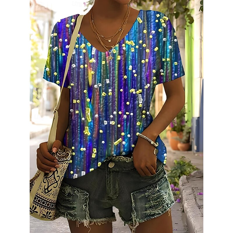 Women's T Shirt Graphic Geometric Abstract Stylish Casual Sleeveless Short Sleeve V Neck Regular Tops Daily Print Blue Purple Green Summer Spring