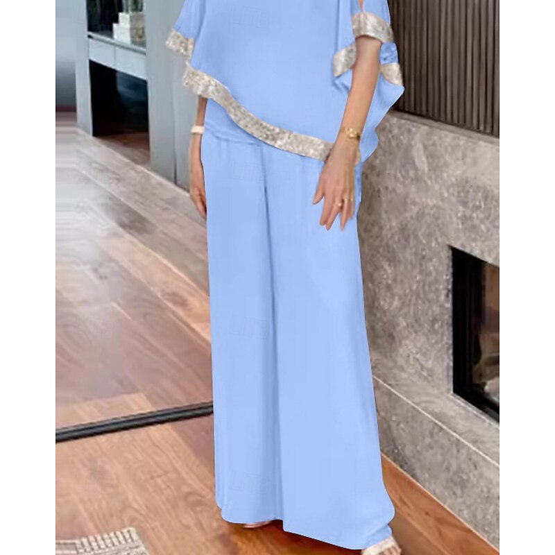Two Piece Pantsuit Mother of the Bride Dress Elegant Vintage Simple Scoop Neck Floor Length Chiffon Half Sleeve with Sequin2