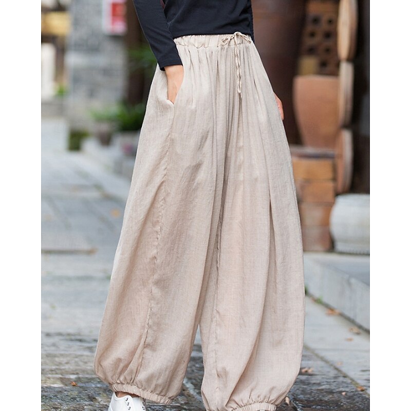 Women's Cotton Linen Pants Slacks Streetwear Full Length Natural Plain Pocket Elastic Drawstring Design Outdoor Comfortable Street Daily Wear Rust Navy Green Beige Summer Regular Fit4