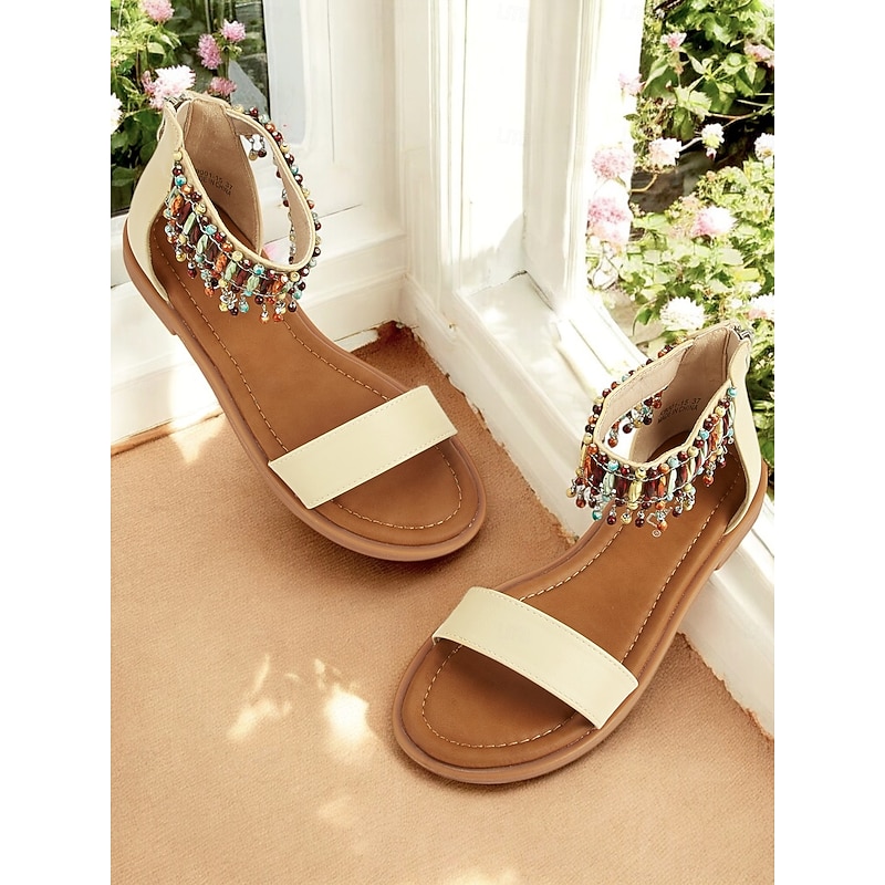 Women's Boho Beaded Ankle Strap Flat Sandals – Casual Ethnic Summer Shoes for Beach and Vacation2