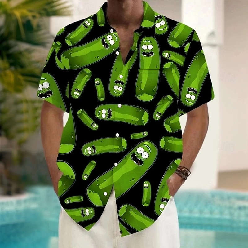 Men's Funny Pickle Shirt Summer Hawaiian Shirt Button Up Shirt Short Sleeve Hawaiian Vacation Holiday Beach Wear Summer Spring Turndown 3D Print Collared Shirts Front One Pocket Black