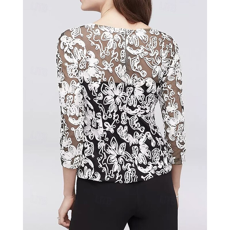 Pantsuit Floral Piping Lace Mother of the Bride Dress Elegant Simple Casual Crew Neck Ankle Length Crepe Lace 3/4 Length Sleeve4