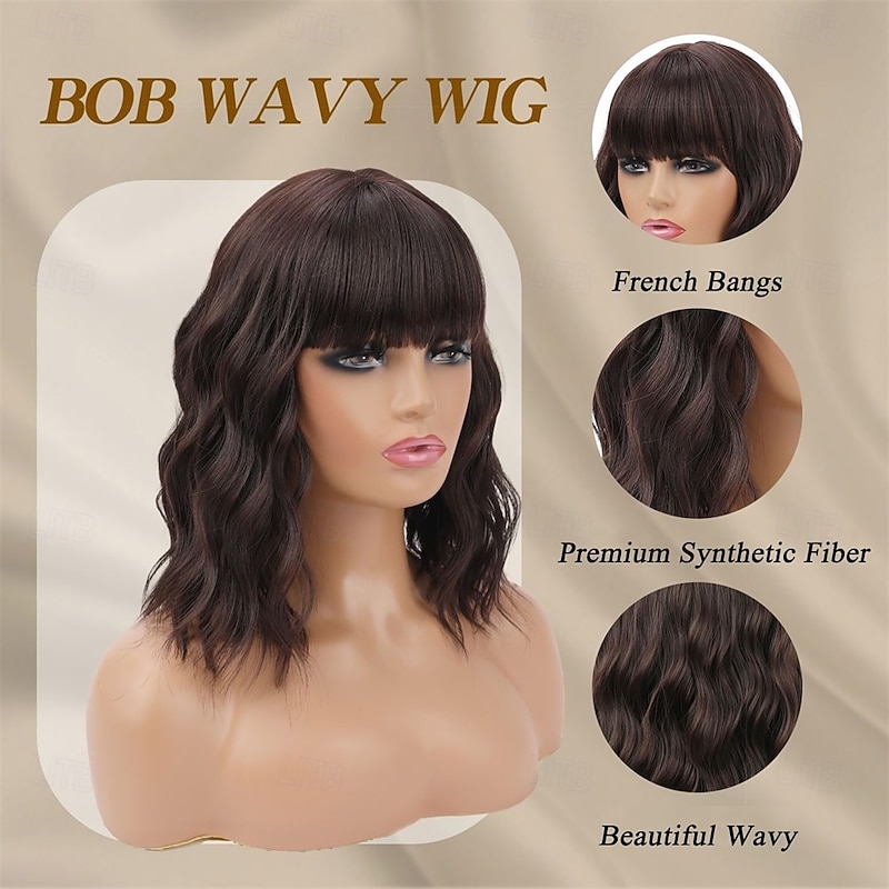 Black Wig with Bangs Short Wavy Wigs for Women Dark Brown Curly Shoulder Length Bob Wig Synthetic fiber Wigs for Daily Party Use3