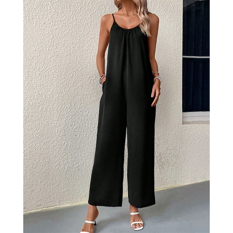 Women's Normal Jumpsuit Streetwear Solid Color Sleeveless Straight Crew Neck Pocket Street Daily Regular Fit Black Summer2