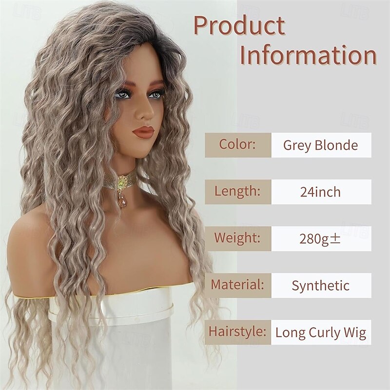 Fencca Grey Blonde Long Curly Wigs for Women Synthetic Layered Wavy Wig with Dark Roots Puffy Easy Wear To Go Curly Hair Wig Mix Color2