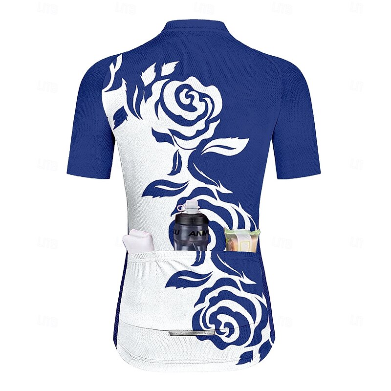 Women's Cycling Jersey Graphic Floral Botanical Rose Short Sleeve Bike Jersey Top with 3 Rear Pockets Sunscreen UV Resistant Quick Dry Reflective Strips Sports Blue Clothing Apparel2