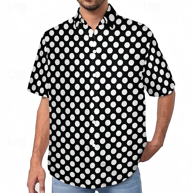 Men's Shirt Summer Shirt Casual Shirt Beach Shirt Button Up Shirt Black White Red Green Black+White Short Sleeve Polka Dot Lapel Vacation Hawaiian Clothing Apparel Polyester Fashion Casual Comfortable2