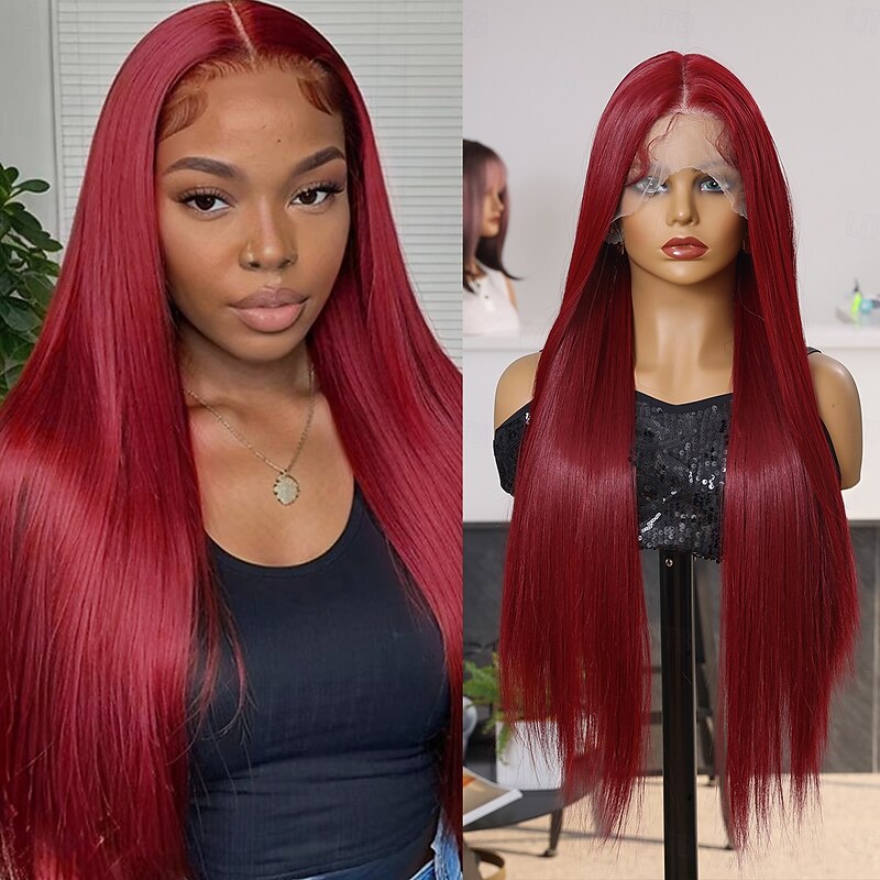 Synthetic Lace Wig Straight Style 32 inch Red Middle Part 13x6 Lace Front Wig Women's Wig Red / White