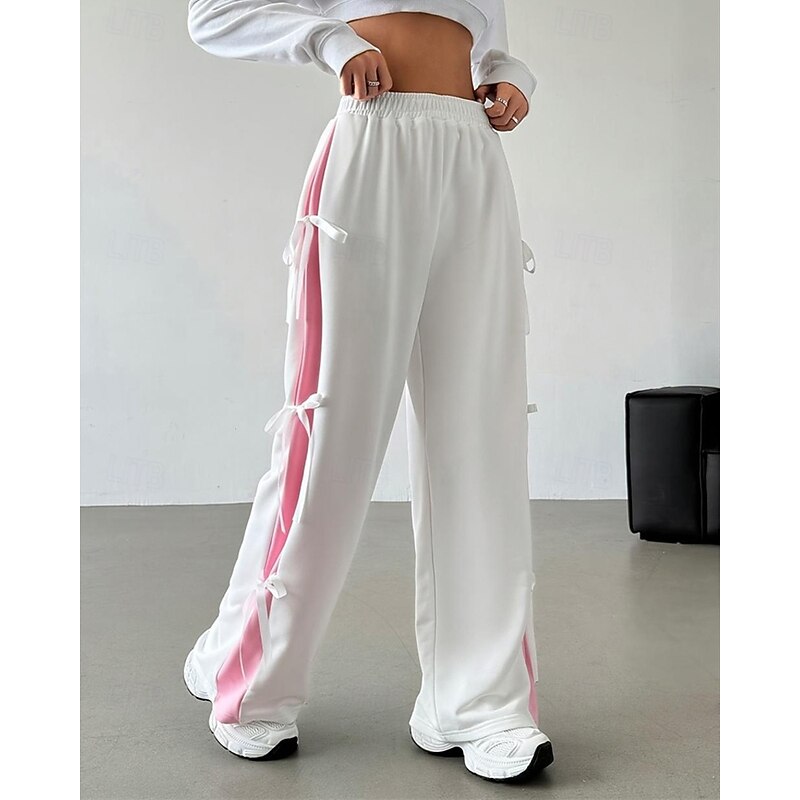 Women's Sweatpants Pants Trousers Track Pants Fashion Streetwear Full Length Mid Waist Color Block Patchwork Elastic Waist Breathable Comfortable Micro-elastic Street Daily Wear White Pink Coffee4