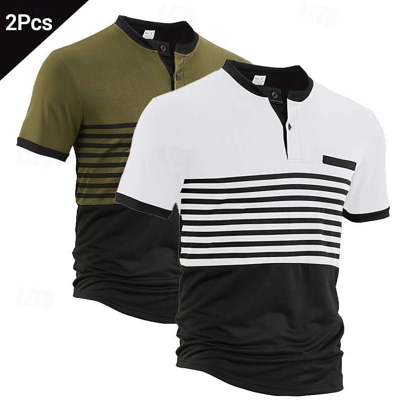 Multi Packs 2pcs Men's Stand Collar Short Sleeves White+Orange Button Up Polos Golf Shirt Golf Polos Shirts Buttons Stripe Vacation Daily Wear Polyester Summer