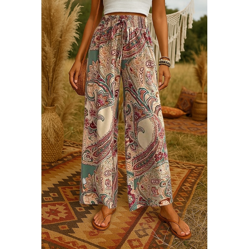 Women's Wide Leg Pants Trousers Bohemian Casual Long High Waist Plain Printing Elastic Drawstring Design High Cut Breathability Soft Micro-elastic Vacation Street Daily Wear Yellow Purple Gold Green