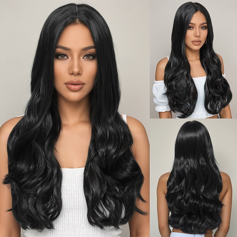 Synthetic Wig Wavy Loose Curl Layered Haircut Deep Parting Machine Made Wig 24 inch A1 Synthetic Hair Women's Classic Comfortable Highlighted / Balayage Hair Black