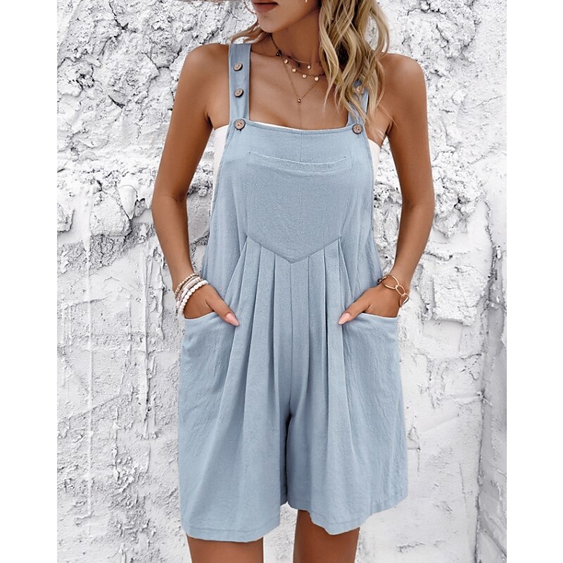 Women's Normal Dungarees Romper Casual Solid Color Sleeveless U Neck Buttons Pocket Street Daily Regular Fit Black Light Green Brown Summer