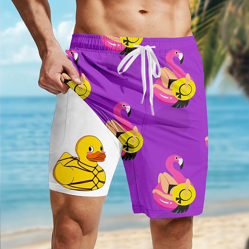 Men's Flamingo Funny Duck Lined Shorts 2 in 1 Board Shorts Swim Shorts Mid Waist Hawaiian Vacation Holiday Beach Wear Side Pockets With Compression Liner Elastic Drawstring Waist Designer Clothing2
