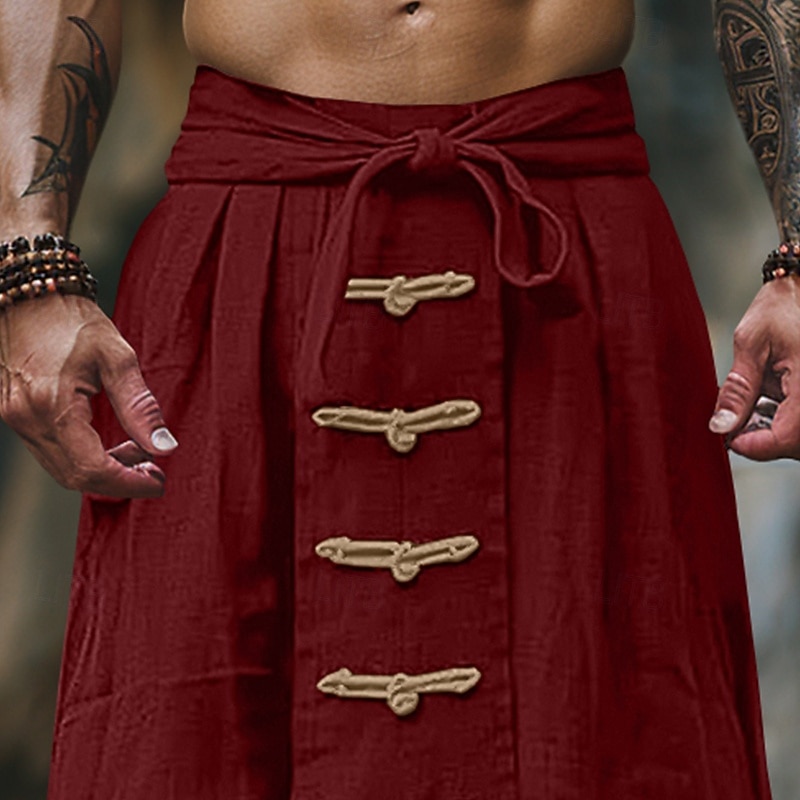 Men's Linen Pants Trousers Summer Pants Baggy Pants Buttons Drawstring Elastic Waist Plain Comfort Breathable Full Length Yoga Daily Gym Designer Retro Vintage Red Navy Blue2