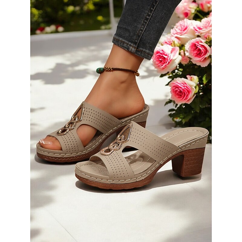 Women's Cutout Sandals with Metallic Accents – Comfy Chunky Heel Mule Sandals  for Summer & Daily Use2