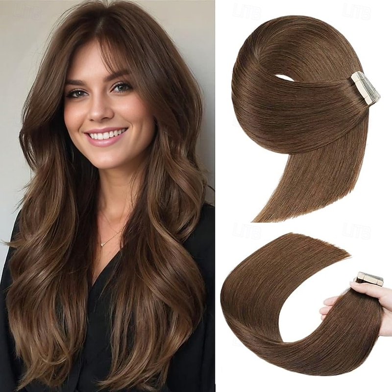 Human Hair Extensions Seamless 4# Brown Color Hair Tape In Straight Hair 18Inch 60G 20Pcs
