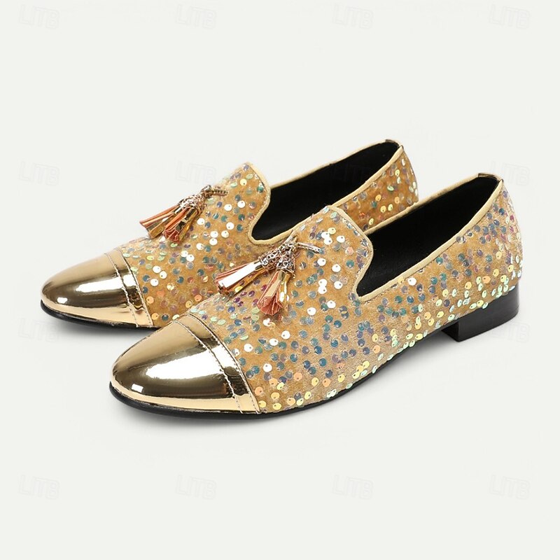 Men's Gold Leather Sequin Loafers with Tassels – Prom and Party Dress Shoes for Evening Events, Stage Performances and Weddings2