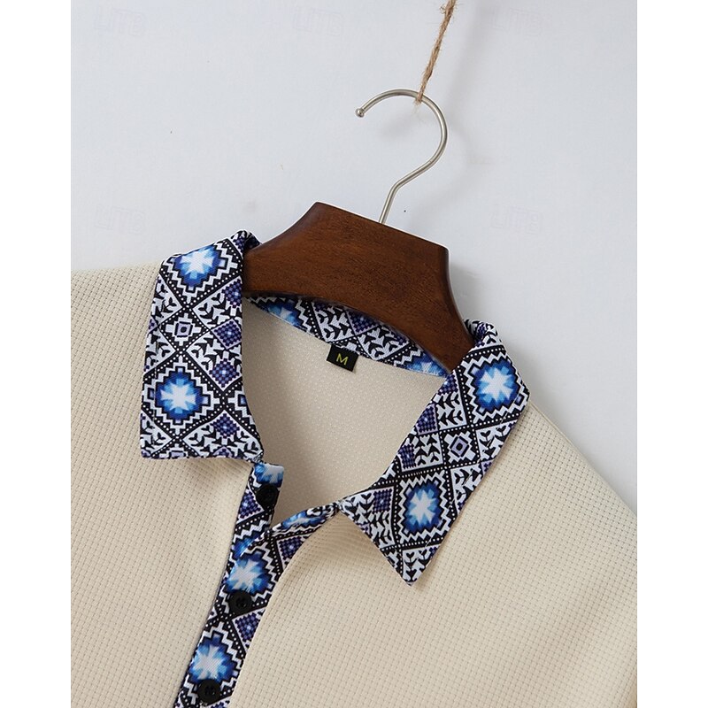 Men's Waffle Shirt T-shirt Suits Shirt and Pant Sets 2 Pieces Outfits Short Sleeve Lapel Summer Color Block Fashion Casual Patchwork 2 Piece Vacation Daily Wear Going out Black White Royal Blue Top4