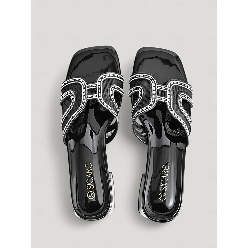 Women's Black Rhinestone Slip-On Kitten Heels – Elegant Low Block Sandals for Everyday Outings and Evening Get-Togethers3