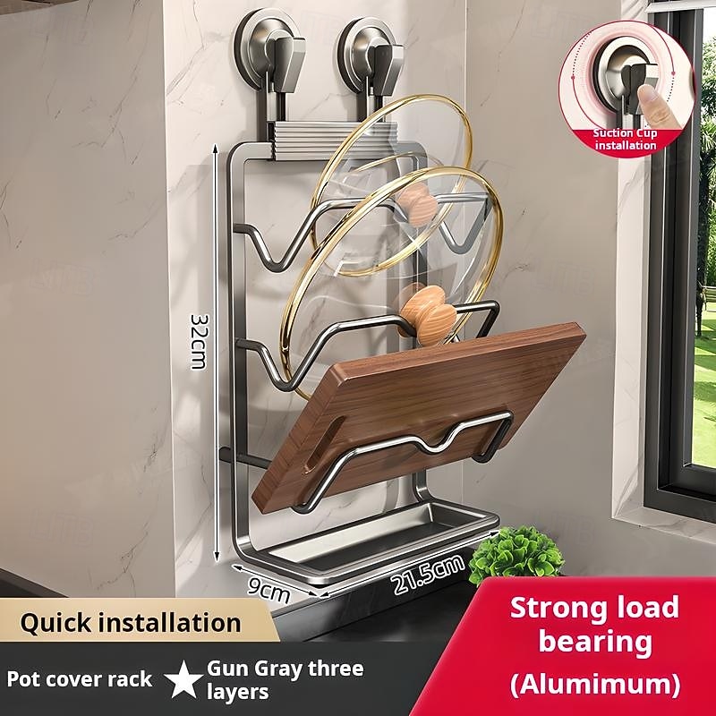Kitchen Drain Rack Kitchen Storage Rack, Suction Cup, Wall-Mounted Cutting Board Storage Rack, Pot Lid Rack Storage Bracket Dish Rack with Drain4