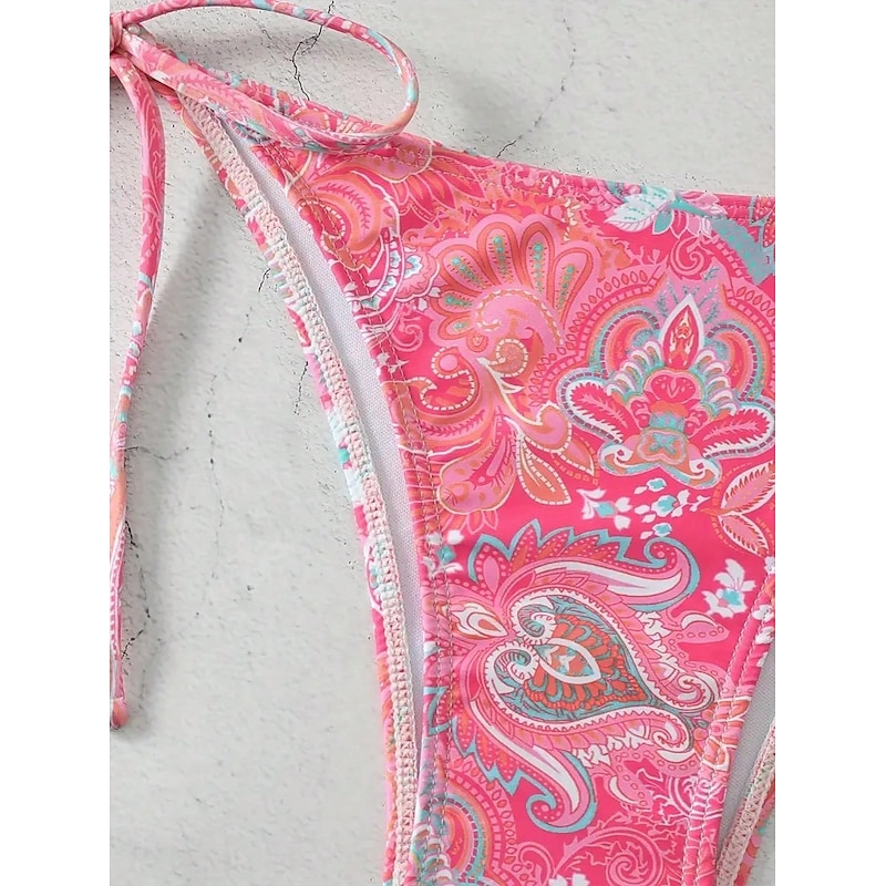 Women's Swimwear Bikini Swimsuit Deep V Knitted Tie Back Vacation Stylish Paisley Halter Neck Sleeveless Bathing Suits4