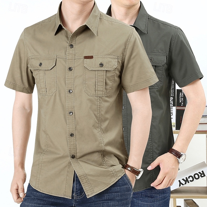 Men's Shirt Summer Shirt Casual Shirt Button Up Shirt Cargo Shirt Black Yellow Blue Orange Green Short Sleeve Plain Shirt Collar Vacation Hawaiian Pocket Clothing Apparel 100% Cotton Fashion Casual