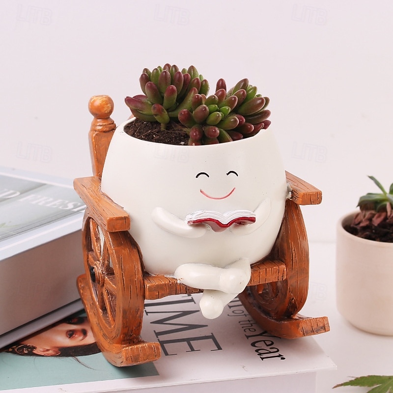 Planter Pots Resin Figurine for Succulent, Home Office Decor, Rocking Chair Reading Mini Plant Pot, Cute Small Planter for Desk, Indoor Succulent Pot Decoration