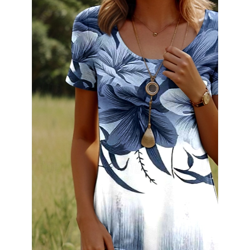 Women's Mini Dress Casual Dress T Shirt Dress Tee Dress Sundress A Line Dress Stylish Casual Beach Regular Fit Ombre Floral Graphic Short Sleeve Crew Neck Scoop Neck Dusty Blue Light Blue Summer2