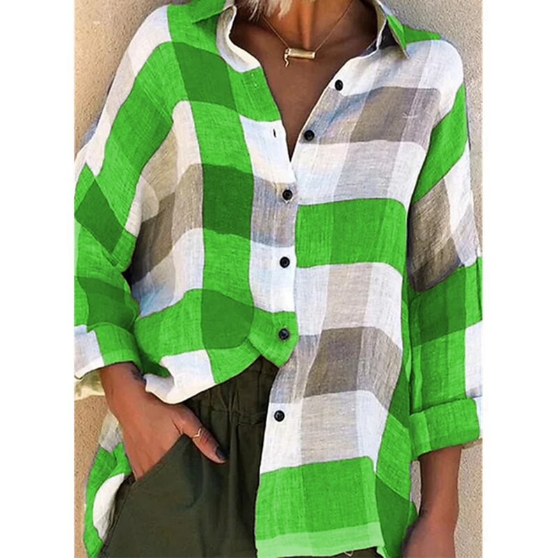 Women's Shirt Plaid Stylish Casual Long Sleeve Shirt Collar Regular Tops Daily Buttons Print Purple Orange Green Gray Summer Spring2