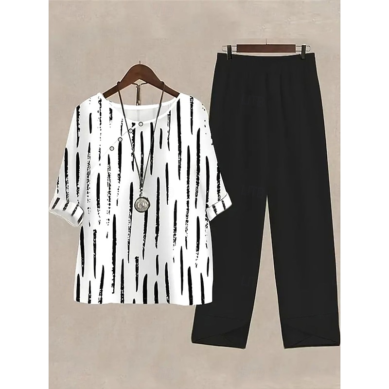 Women's 2 Pieces Basic Shirt Pants Sets Half Sleeve Round Neck Graphic Geometric Polka Dot Print Holiday Weekend Black Summer Regular Fit