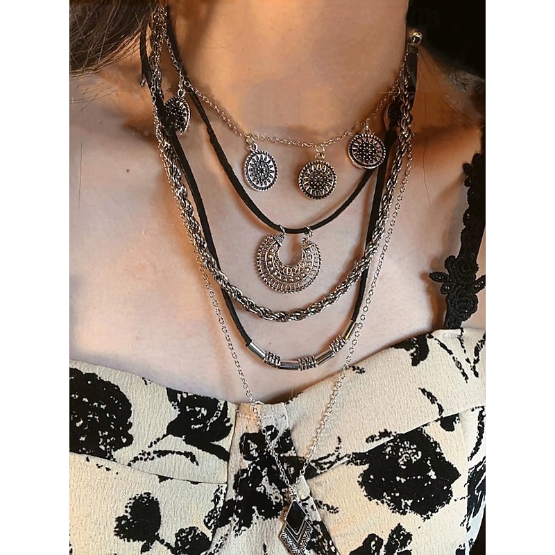 Silver Bohemian Layered Necklace with Black and Silver Chains, Circular and Geometric Pendants, Perfect for Casual and Evening Wear, Ideal for Summer and Festival Accessories2