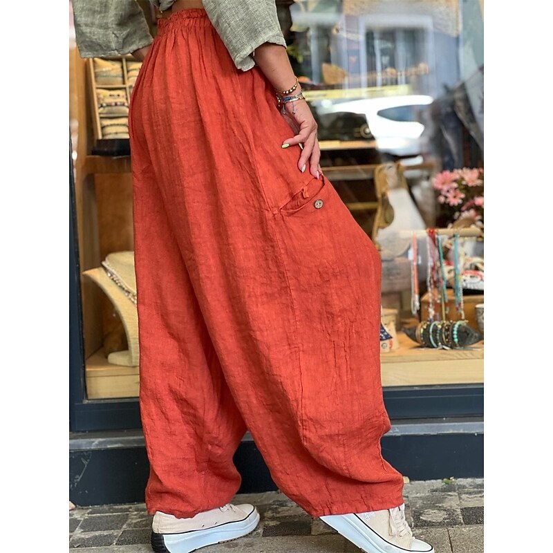 Women's Wide Leg Baggy Pants Solid Color Bloomers Fashion Basic Full Length Medium Waist Plain Pocket Elastic Waist Comfort Outdoor Micro-elastic Vacation Street Daily Golden Navy Black Orange3
