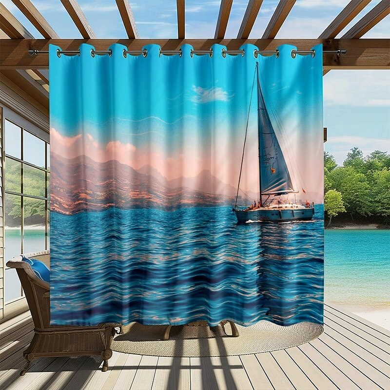 Waterproof Outdoor Curtain Privacy, Sliding Patio Curtain Drapes, Pergola Curtains Grommet 3D Ocean Boat Landscape For Gazebo, Balcony, Porch, Party, 1 Panel3