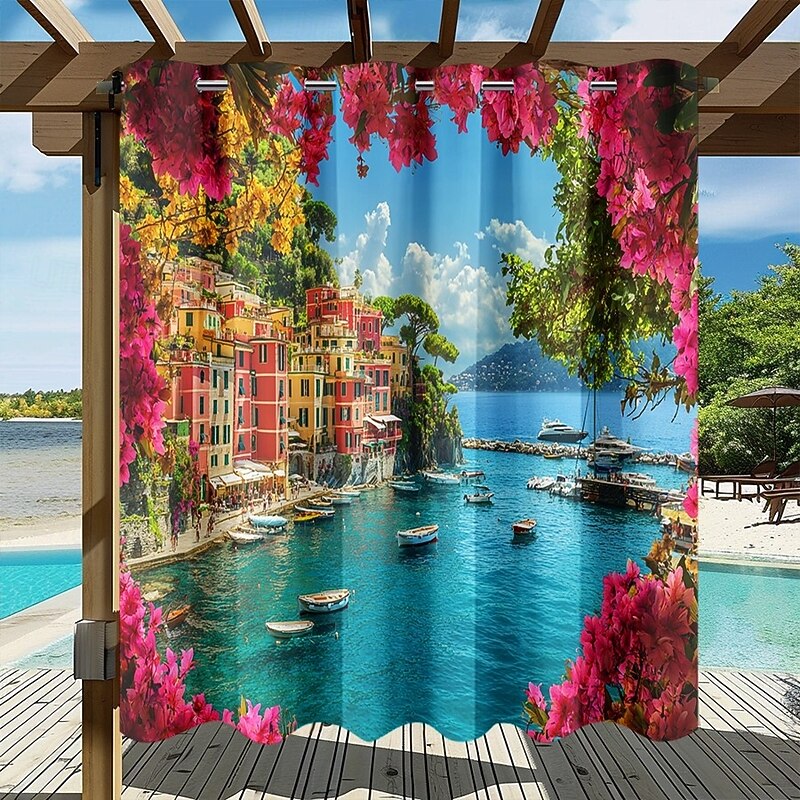Waterproof Outdoor Curtain Privacy, Sliding Patio Curtain Drapes, Pergola Curtains Grommet 3D Ocean Landscape For Gazebo, Balcony, Porch, Party, 1 Panel2