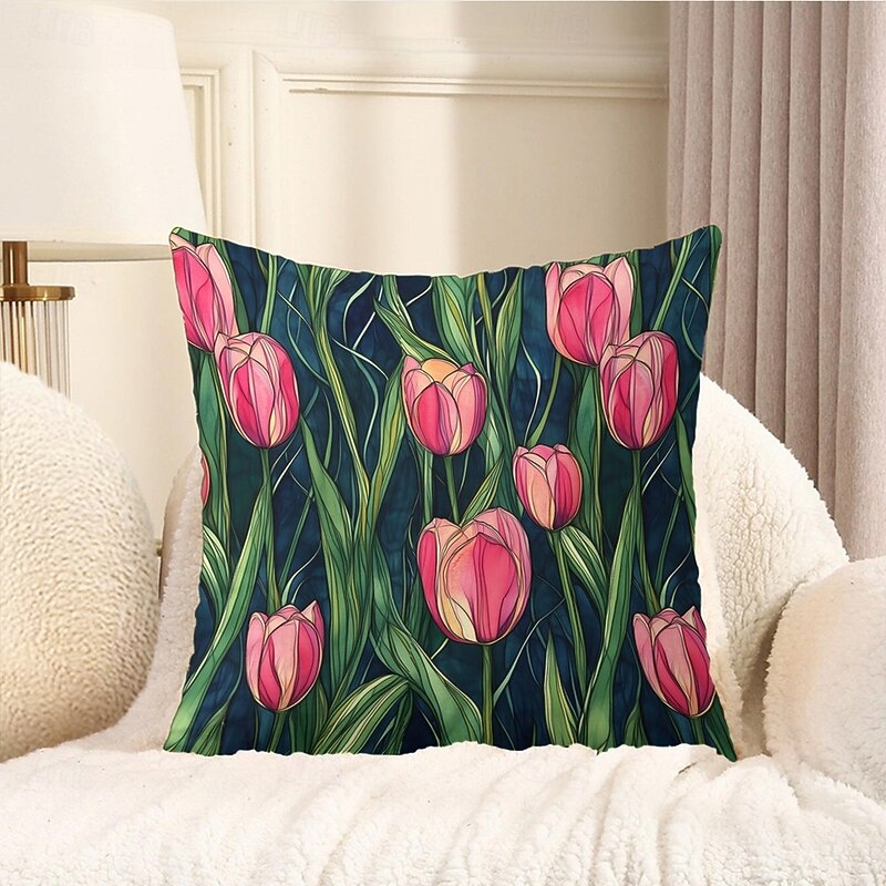 Summer Flower Tulips Decorative Toss Pillows Cover 1PC Soft Square Couch Cushion Case Pillowcase for Bedroom Livingroom Sofa Chair4