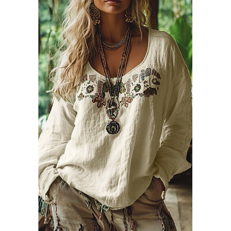 Women's Western Blouse Boho Shirt Blouse Flower Modern Casual Boho Long Sleeve V Neck Regular Tops Holiday Going out Print Black Wine Blue Apricot Summer2