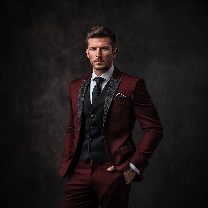 Men's Wedding Prom Party Suits Peaked Lapel Burgundy Luxury Formal Solid Colored Standard Fit 3 Piece Single Breasted One-button2