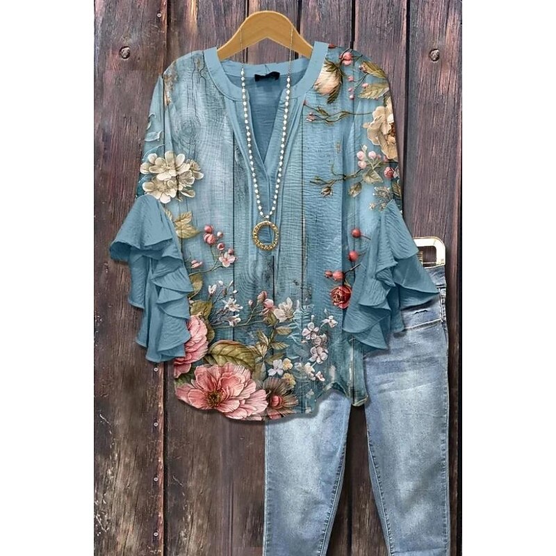 Women's Blouse V Neck Layered Ruffle Sleeve Tops Floral Graphic Daily Stylish Casual 3/4 Length Sleeve Regular Tops Daily Holiday Vacation Wear Print Blue Beige Light Blue Summer Spring2