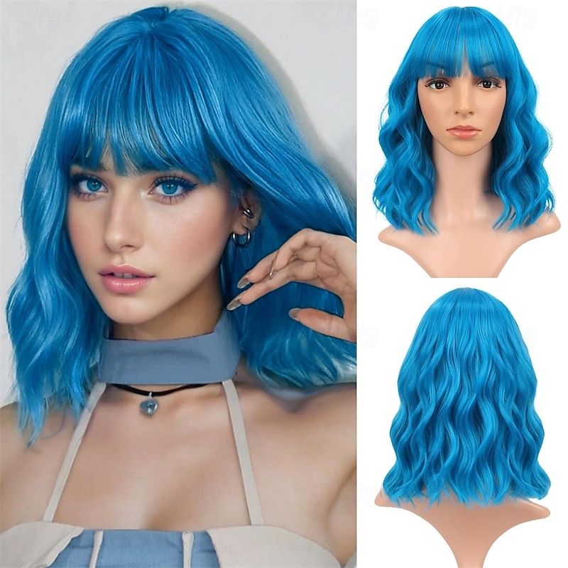 Short Bob Wigs Lake blue Wavy Wig With Air Bangs Women's Shoulder Length Wigs Curly Wavy Synthetic Cosplay Wig Pastel Bob Wig for Girl Colorful Wigs