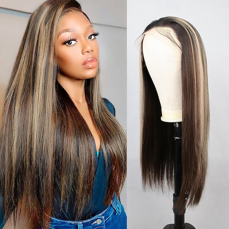 Synthetic Lace Wig Straight Style 26 inch Multi-color Middle Part 13x4 Lace Front Wig Women's Wig Dark Brown / Dark Auburn