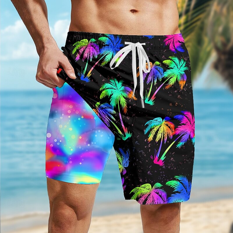 Men's Coconut Tree Tropical Plants Neon Lined Shorts 2 in 1 Board Shorts Swim Shorts Mid Waist Hawaiian Vacation Side Pockets With Compression Liner Elastic Drawstring Waist Designer Clothing Apparel