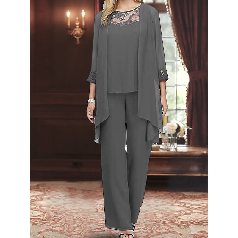 3 Piece Mother of the Bride Dress Elegant Vintage Crew Neck Floor Length Spandex Long Sleeve with Solid Color