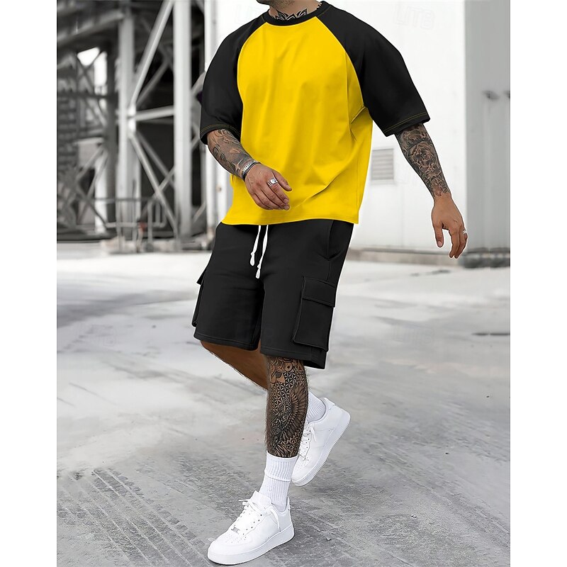 Men's T-shirt Suits 2 Pieces Outfits Tee & Shorts Short Sleeve Crew Neck Summer Color Block Fashion Casual 2 Piece Vacation Daily Wear Going out Yellow Orange Army Green Top Tee for Men
